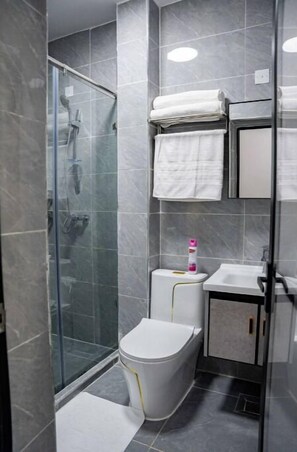 Shower, bidet, towels, soap