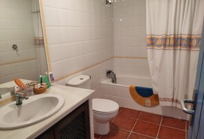 Hair dryer, bidet, towels, soap
