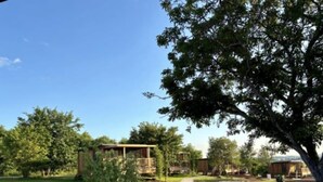 A residential property with a large lawn, a wooden deck, and a swimming pool. - LE DOMAINE DE LA RICHE (Bioussac)