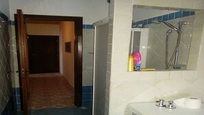Un baño con ducha, papel higiénico y lavadora.