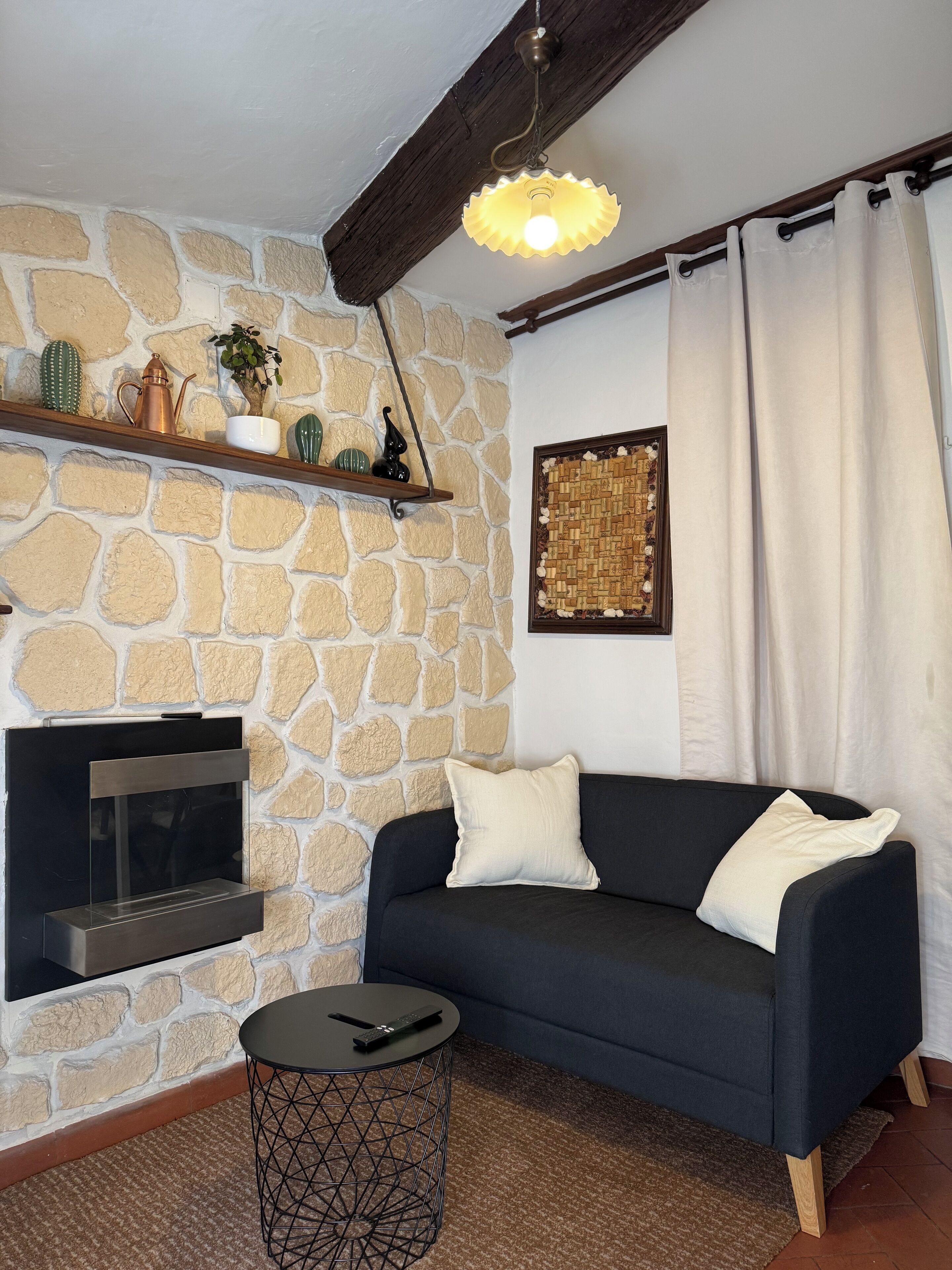 TV connectée, cheminée, livres