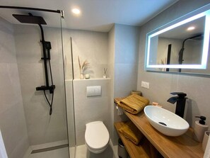 Shower, hair dryer, towels