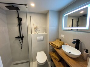Shower, hair dryer, towels, soap