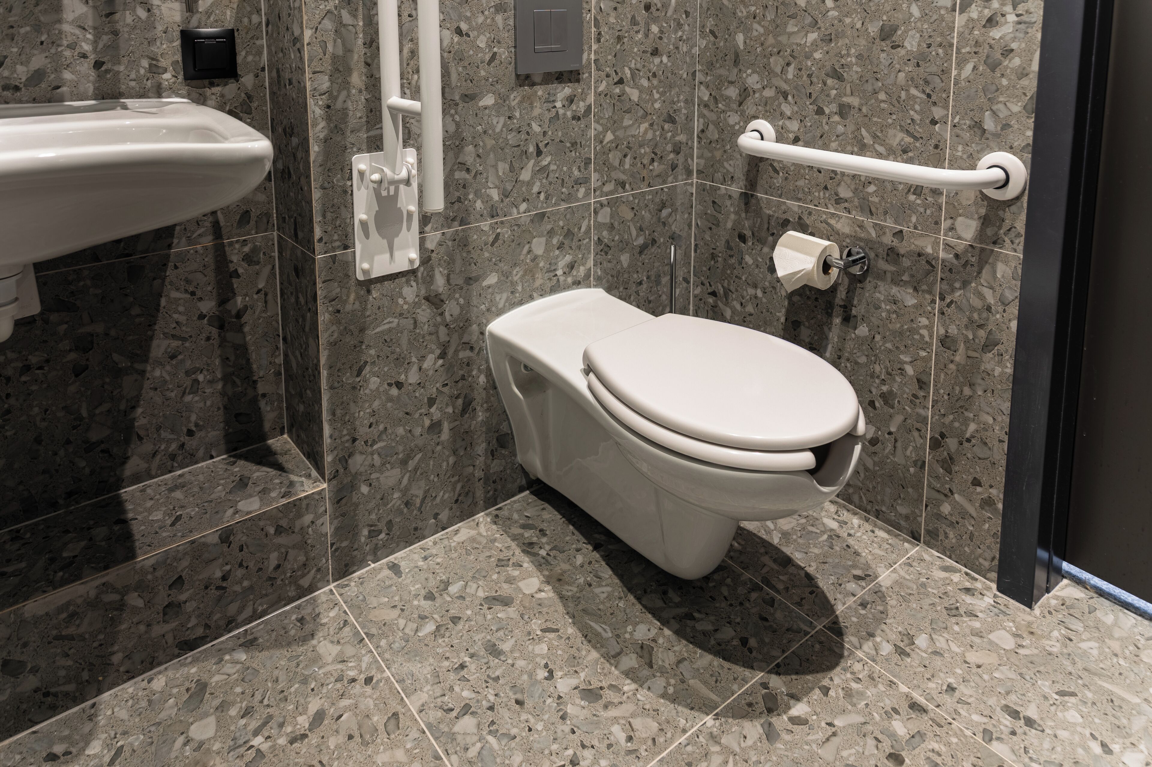 A modern bathroom with a toilet, grab bar, and a sink.