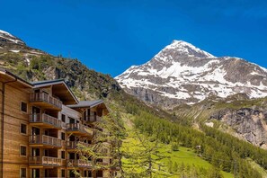 A wooden lodge with balconies overlooking a mountainous landscape with a snow-capped peak. - 50m from ski slopes, 5th floor, swimming pool, sauna, hammam, balcony, tv, ski locker, 105m², Tignes (Tignes)