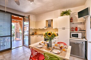 Fridge, microwave, oven, coffee/tea maker