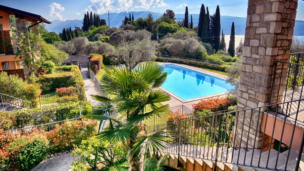 Una piscina rodeada de exuberante vegetación y montañas al fondo.