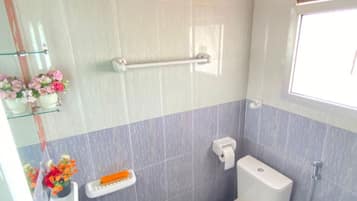 Shower, bidet, towels, soap