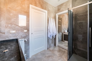 Hair dryer, towels, toilet paper