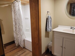 Hair dryer, towels, soap, toilet paper