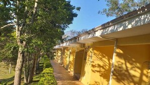 A pathway leading to a row of yellow buildings with covered outdoor seating areas, surrounded by trees and greenery. - Pousada Vale do Ouro Verde (Serra Negra)