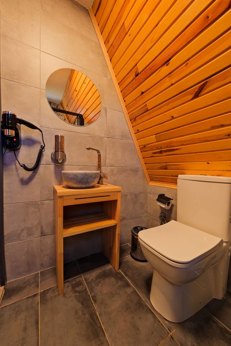 Une salle de bain avec un plafond en pente en bois, un miroir rond, un lavabo sur colonne et des toilettes.
