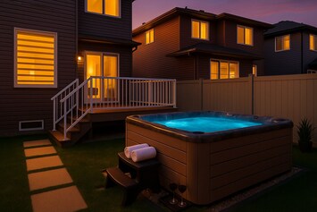 Soak, unwind, and enjoy golden hour in your private backyard hot tub retreat.