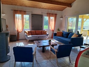 TV, fireplace, table football, books