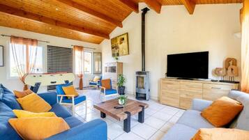 Télévision, cheminée, baby-foot, livres