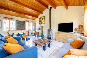 TV, fireplace, table football, books