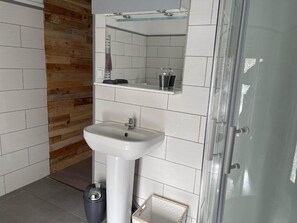 Dusch, hårtork, handdukar och toalettpapper