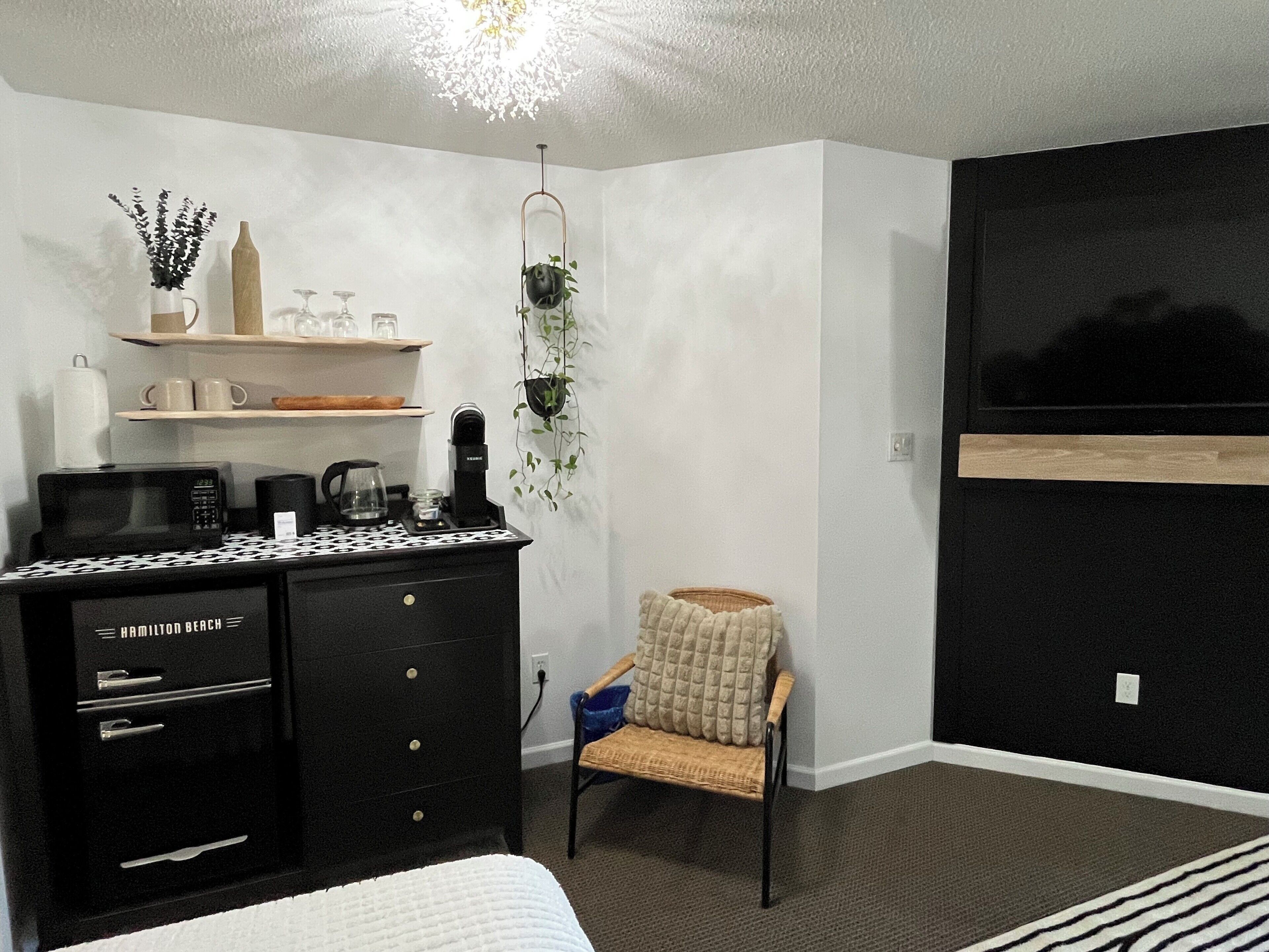A compact room with a bed, a black dresser, a small chair, a shelf with decorative items, and a hanging plant.