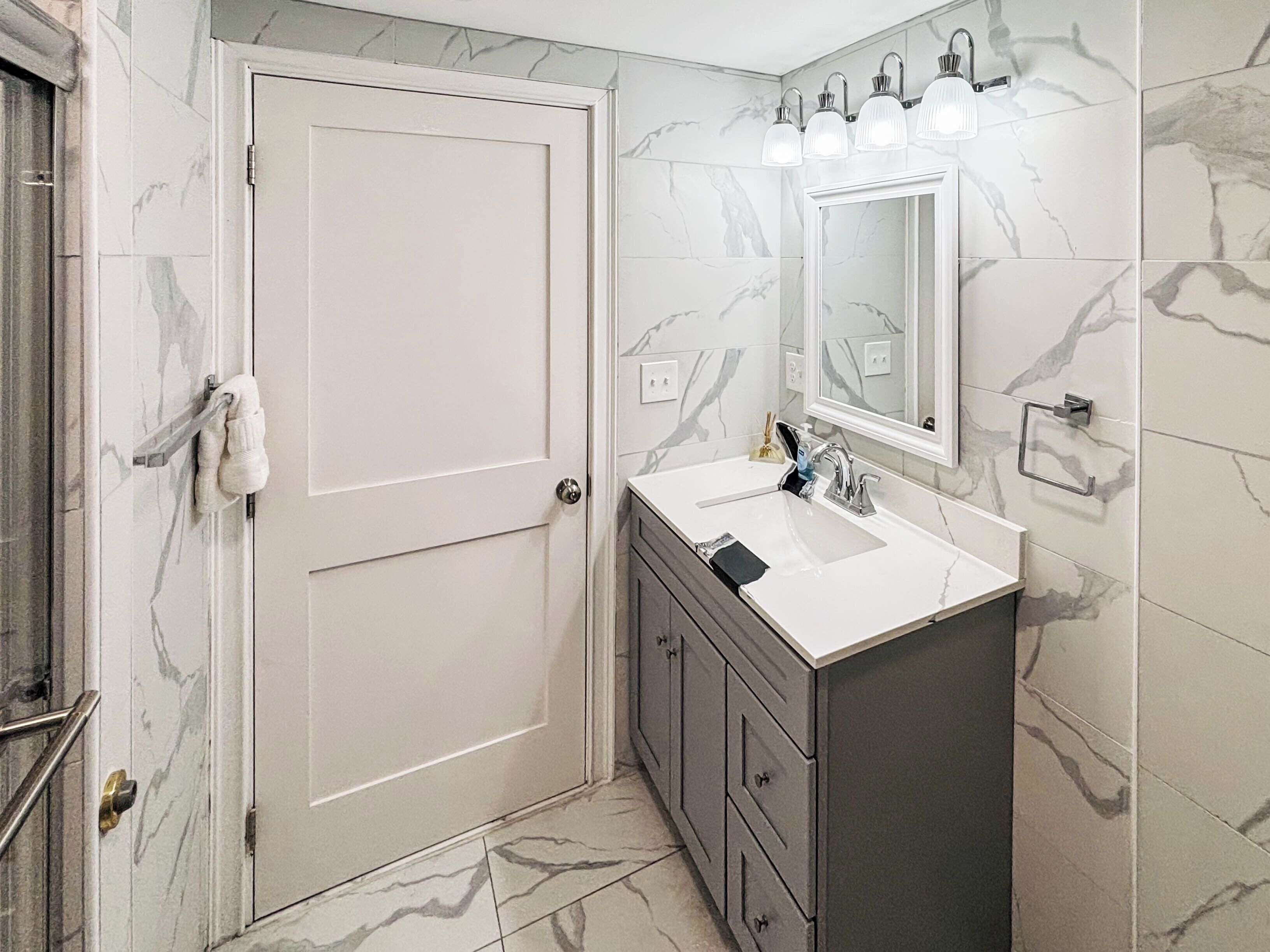 Hair dryer, towels, toilet paper