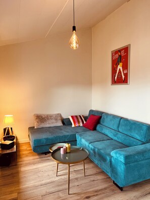 Tv, eldstad, ett bordtennisbord och böcker