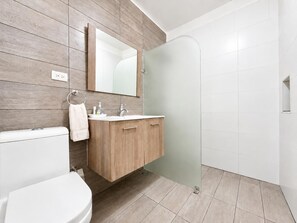 Une salle de bain équipée de toilettes, d’un meuble-lavabo en bois, d’un miroir et d’une cabine de douche en verre dépoli.