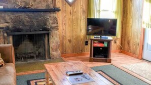 Uma sala de estar acolhedora com lareira de pedra, uma televisão sobre um suporte de madeira e um sofá.