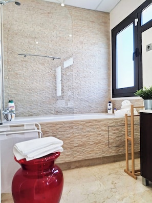 Hair dryer, bidet, towels, toilet paper