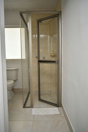 Ducha, secador de pelo, toallas y jabón