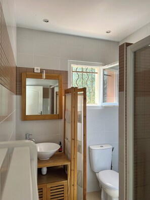 Shower, hair dryer, towels, soap