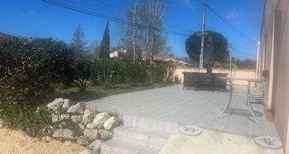 Master suite in single-storey house with terrace