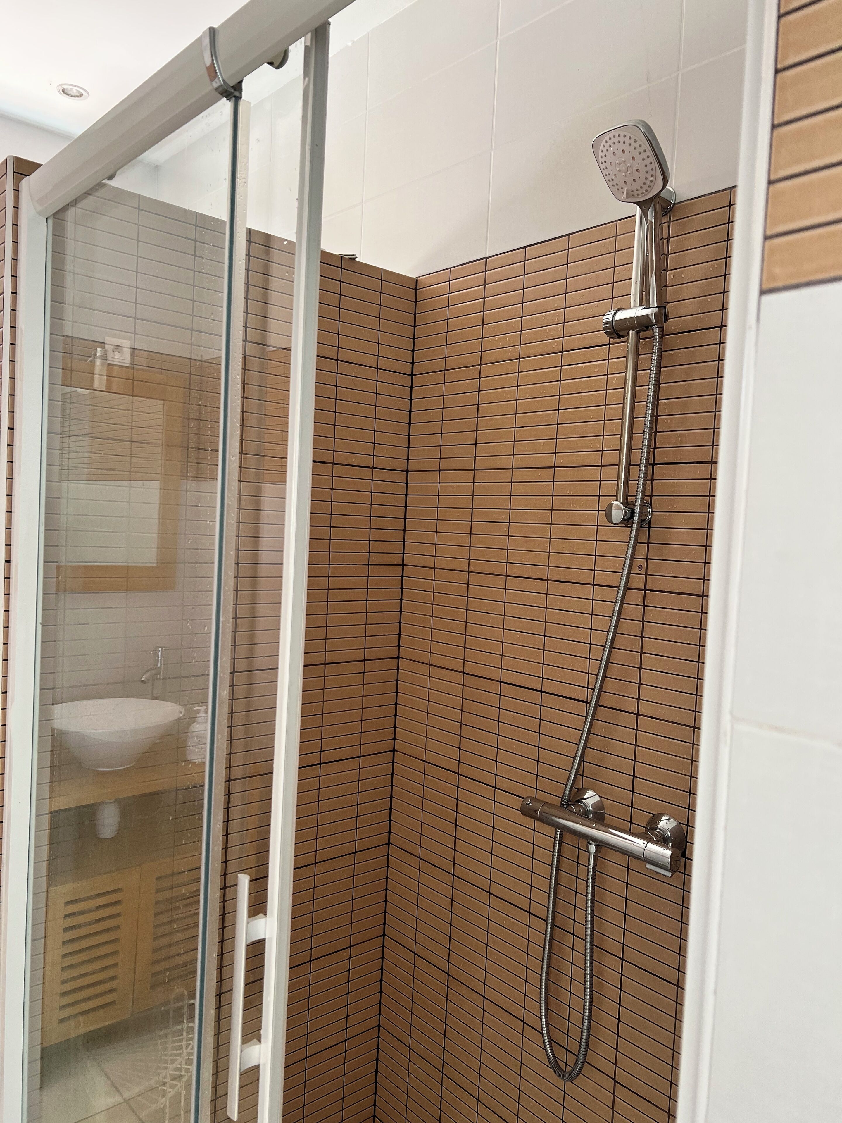 Douche, sèche-cheveux, serviettes fournies, savon