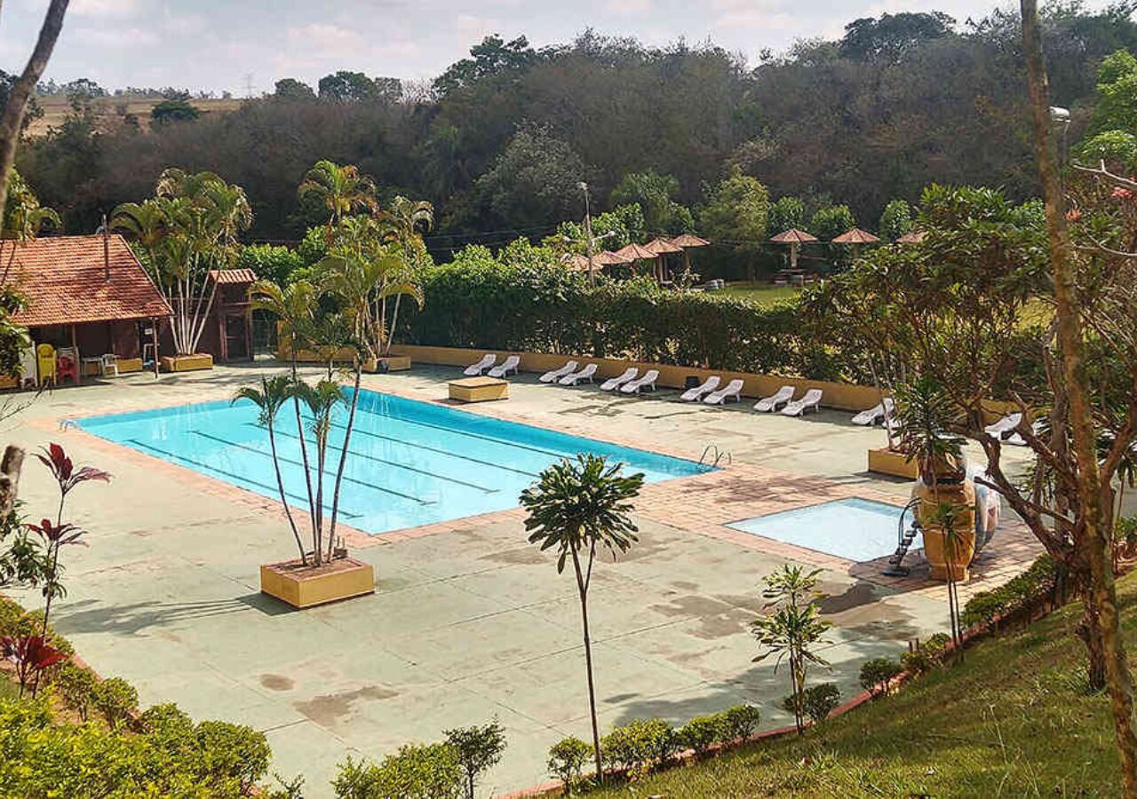 Una piscina con sillas de descanso y palmeras.