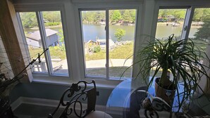 Una habitación con vistas a un lago, una planta en maceta y una silla.