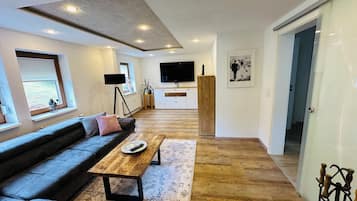 TV connectée, cheminée, livres