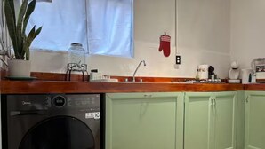 Une cuisine équipée d’un lave-linge, une fenêtre avec une plante et un manique rouge accroché au mur.