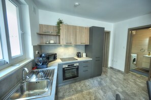 A modern kitchen with grey cabinets, a built-in oven, and a sink. - Luxury penthouse with jacuzzi, sun terrace APIC1-2 (Msida)