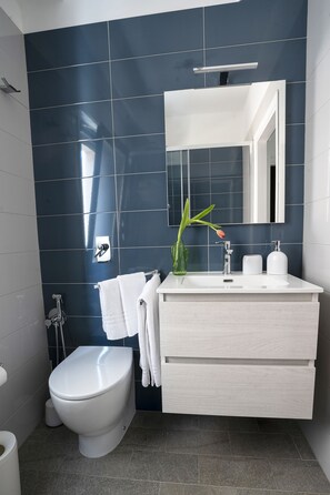 Dusj, hårføner, håndklær og toalettpapir