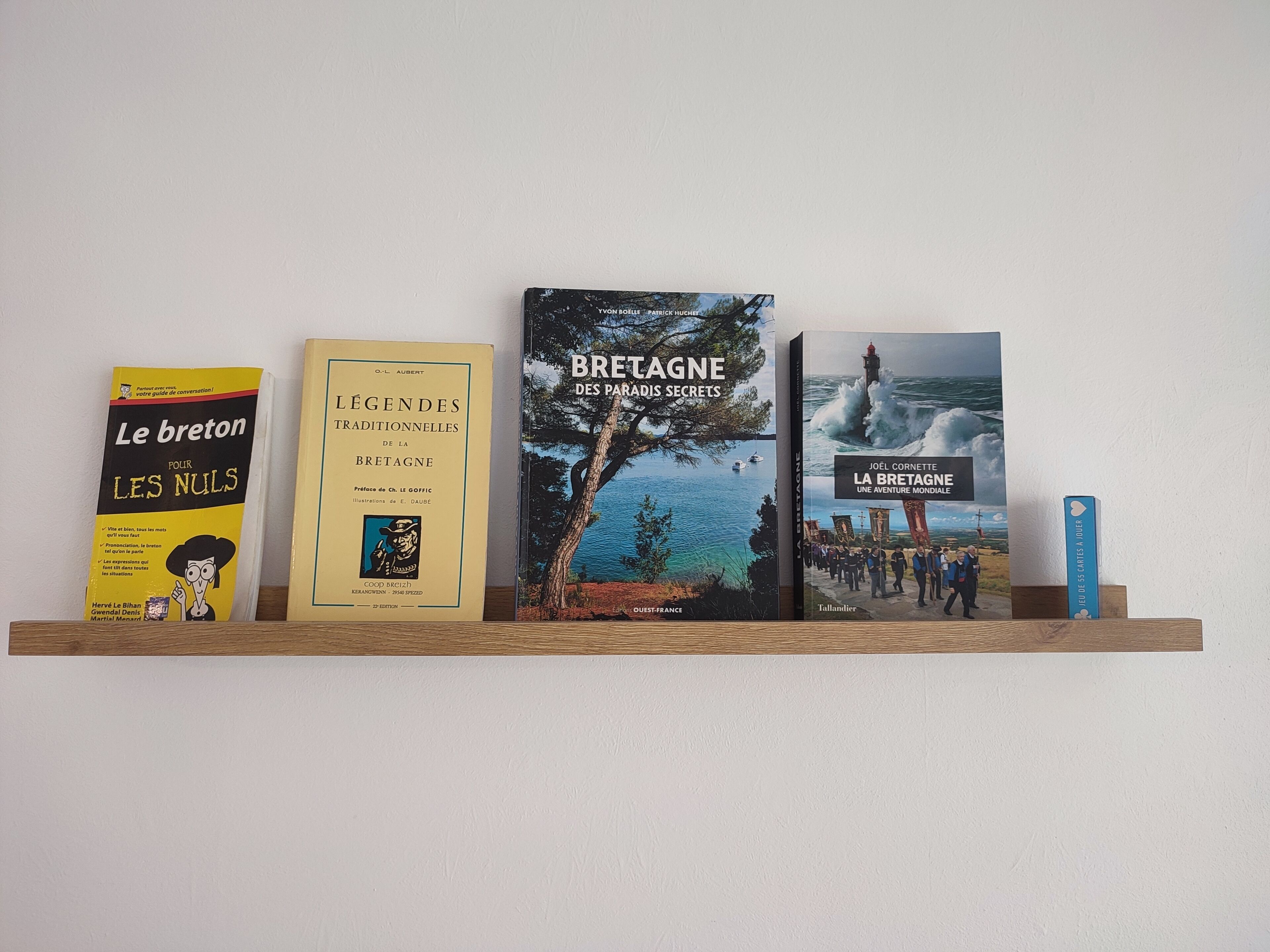 A wooden shelf with four books.