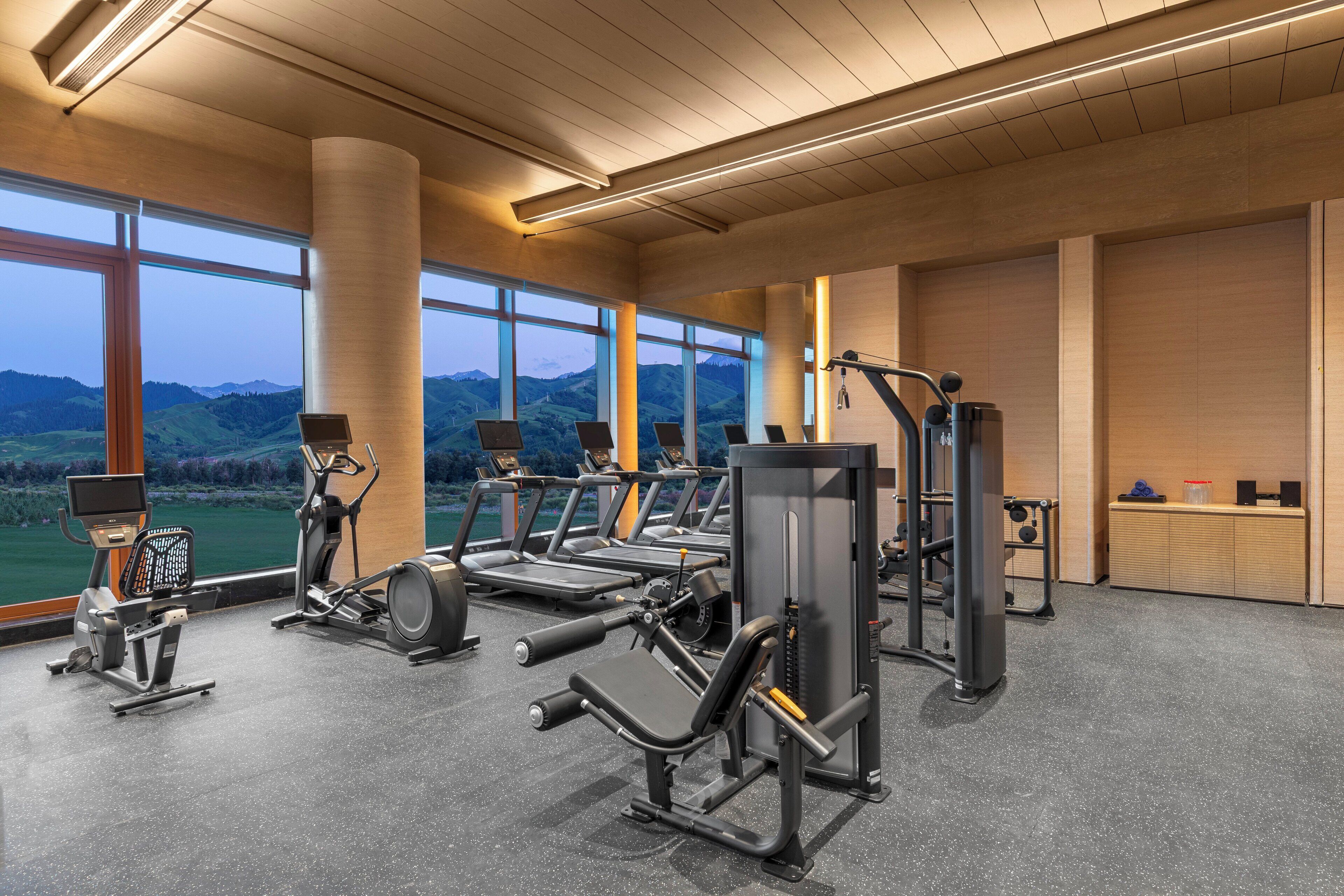 Une salle de sport équipée de machines de cardio, d’appareils de musculation et de grandes fenêtres donnant sur l’extérieur.