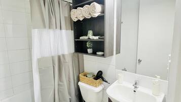 Secador de cabelo, toalhas de banho, papel higiênico