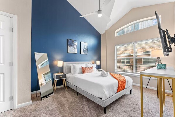 2 bedrooms, desk, iron/ironing board, travel crib