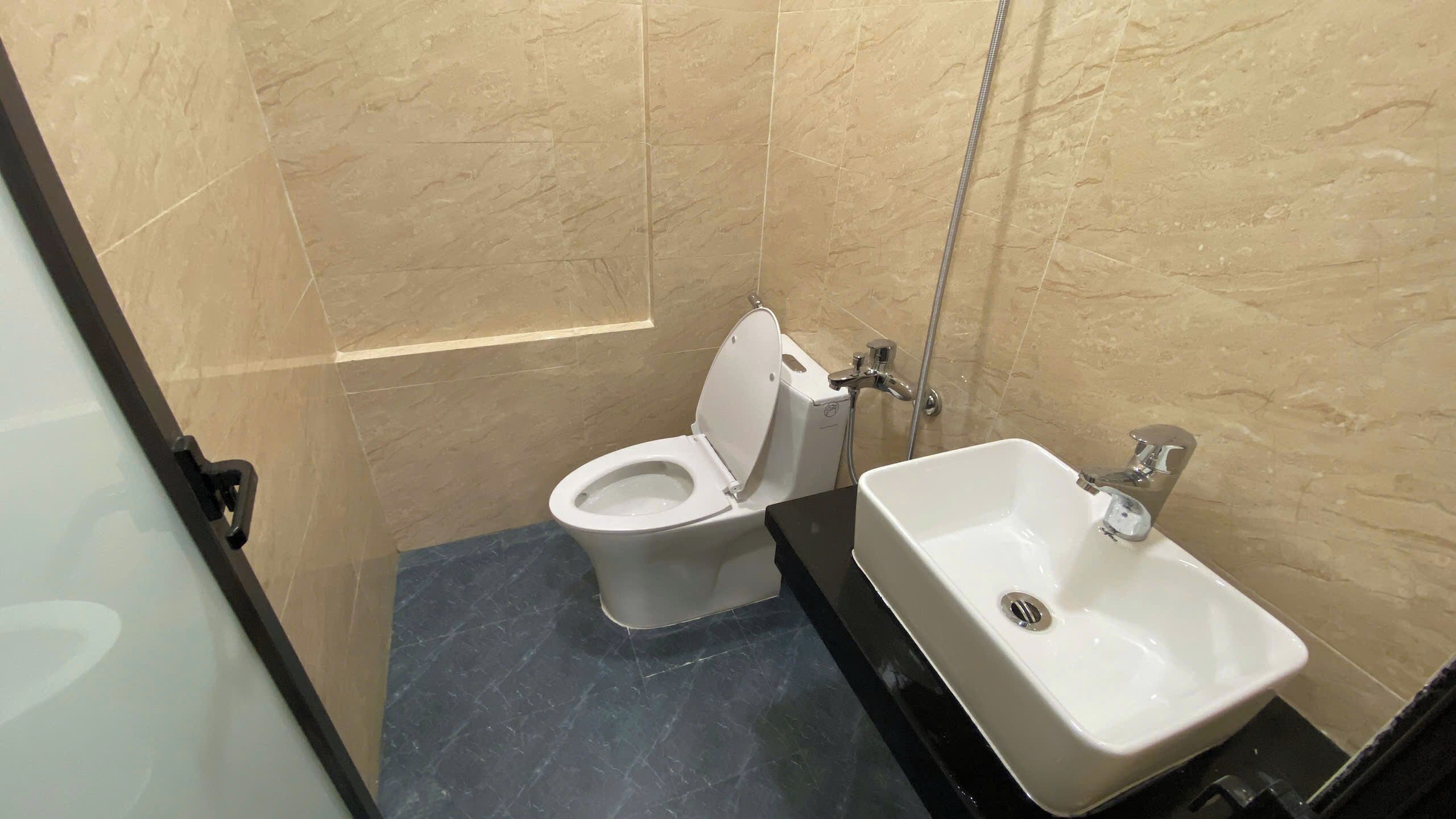 A bathroom with a toilet, sink, and shower.