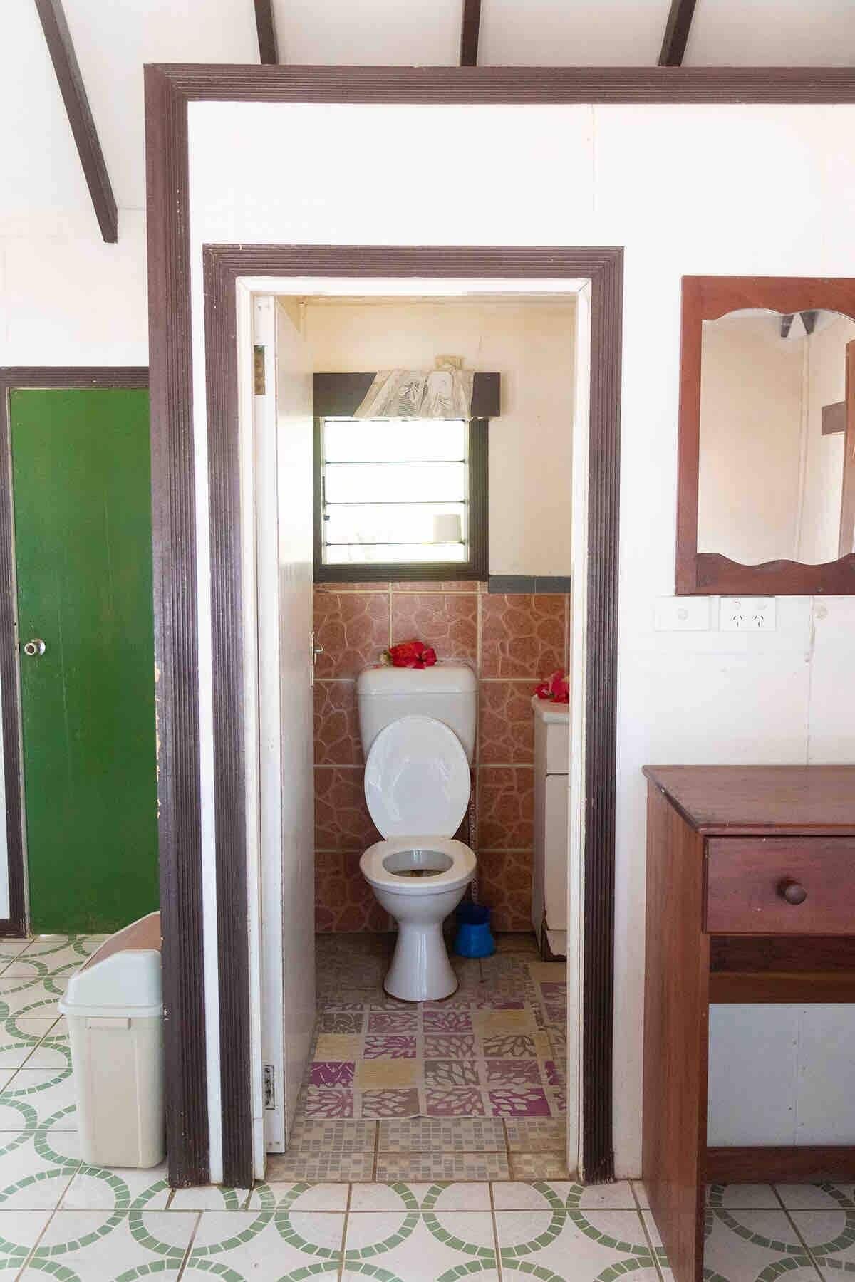 Une petite salle de bain avec des toilettes, une porte verte et un miroir au mur.
