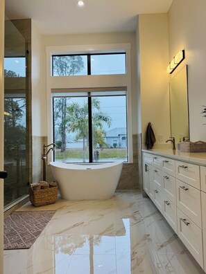 Hair dryer, towels, soap, shampoo