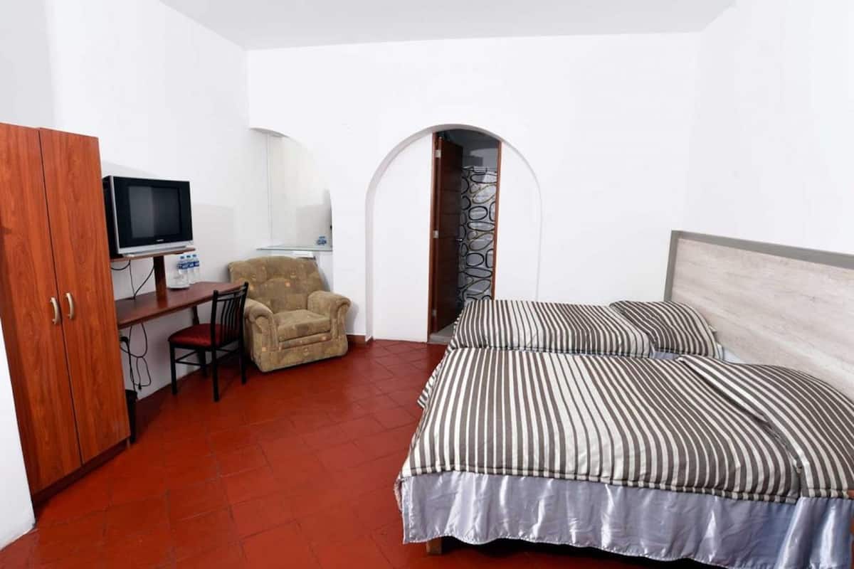 Un dormitorio con una cama, un escritorio con televisor, una silla y un arco de entrada.