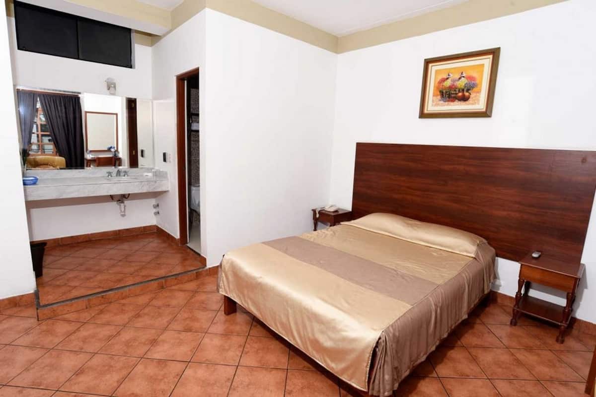 Habitación de hotel con cama, cabecera de madera, mesita de noche, tocador, espejo y baño con lavabo y toallero.