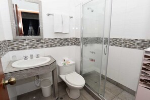 Ducha, cabezal de ducha tipo lluvia, secador de pelo y toallas