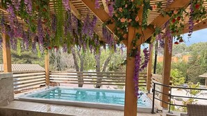 A covered outdoor area with a hot tub, wooden pergola, and hanging purple flowers. - Bentley - Studio noire (Sanary-sur-Mer)