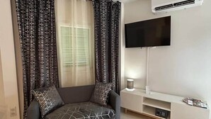 A modern living room with a grey sofa, patterned curtains, a flat-screen TV, and a white entertainment unit. - Bentley - Studio noire (Sanary-sur-Mer)