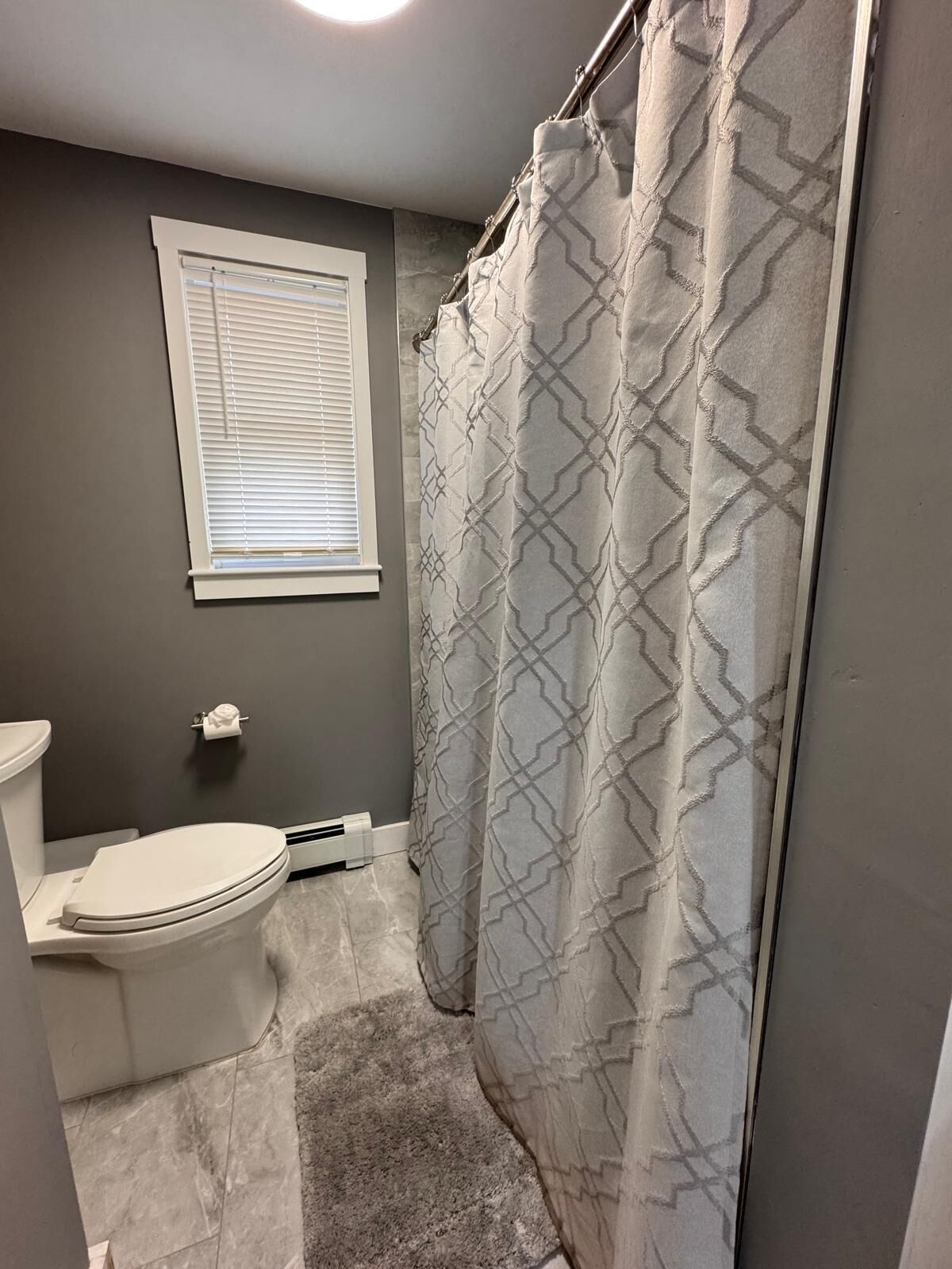 Une salle de bain équipée de toilettes, d’un porte-serviettes, d’un rideau de douche et d’une fenêtre.